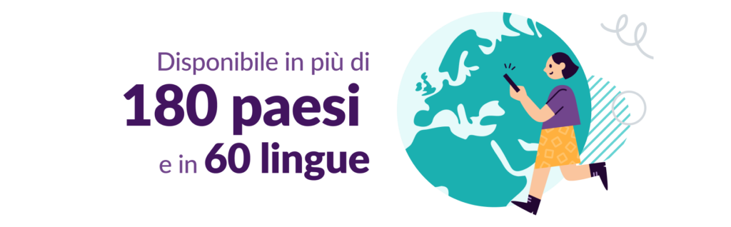 donna con telefono in mano e di fianco testo su WhatsApp che è disponibile in 180 paesi e in 60 lingue