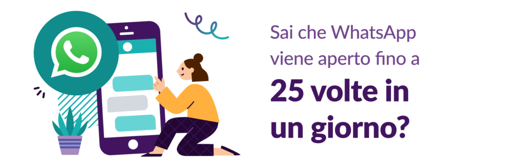 donna con smartphone e testo che dice che whatsapp viene aperto fino a 25 volte in un giorno