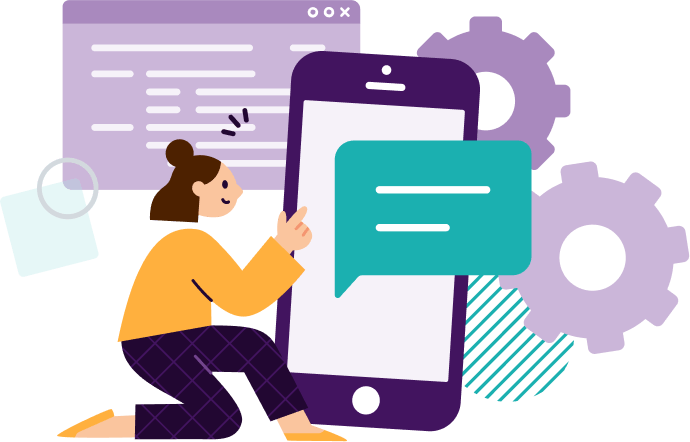 donna con smartphone e ingranaggi che simboleggiano il programma reseller a cui le software house possono aderire