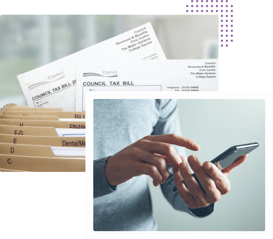 Pictures of council tax bills and someone using mobile to pay council tax bill