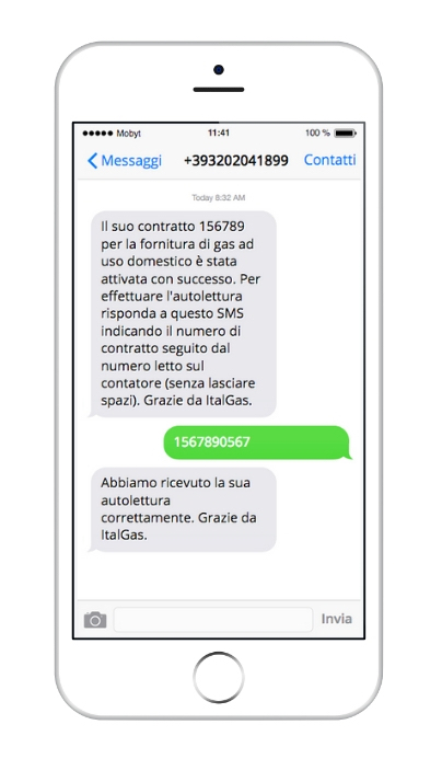 SMS per società di gas e luce - Esempio autolettura