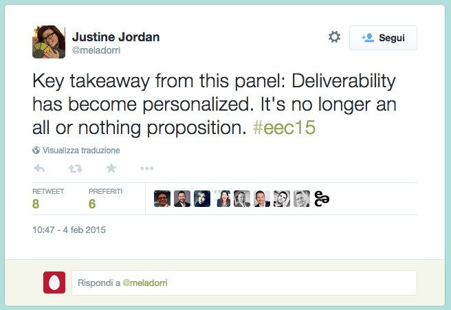 screenshot del tweet di Justine Jordan al EEC 2015